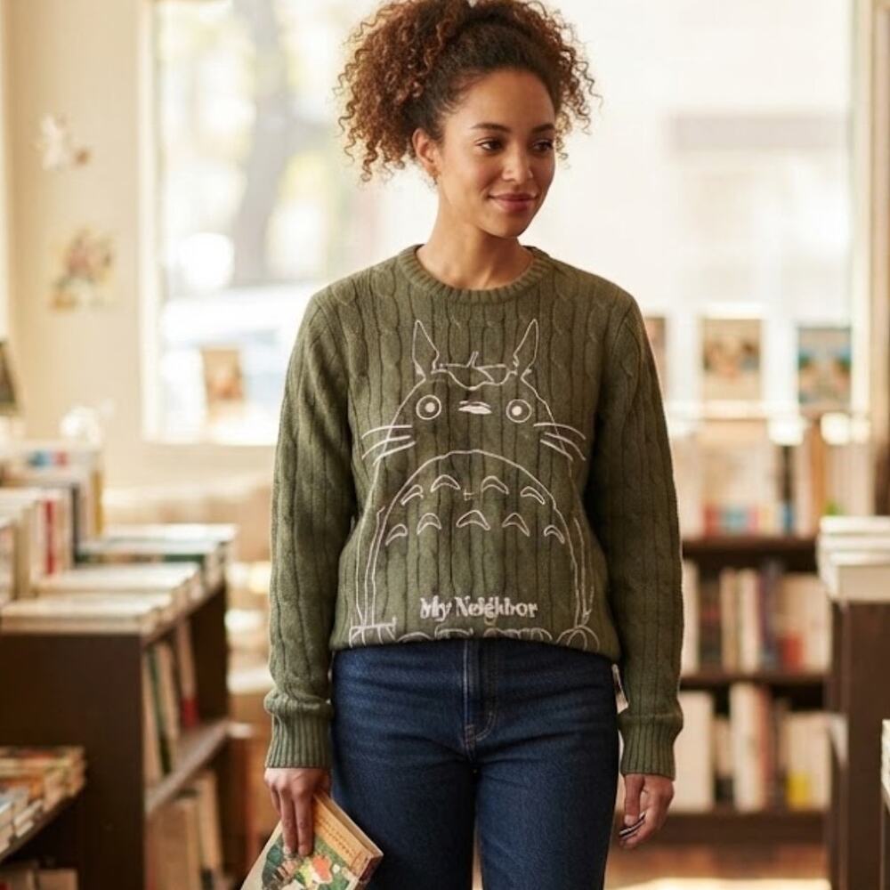 Studio Ghibli My Neighbor Totoro Embroidered Sweater Sze M Cable Knit Green Warm